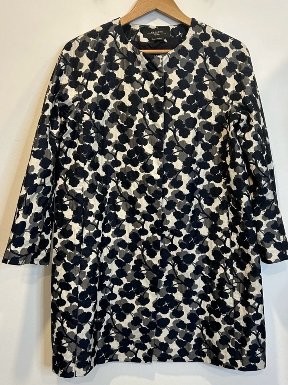 Weekend Max Mara Printed Cotton Longline Coat Collarless Lightweight Black